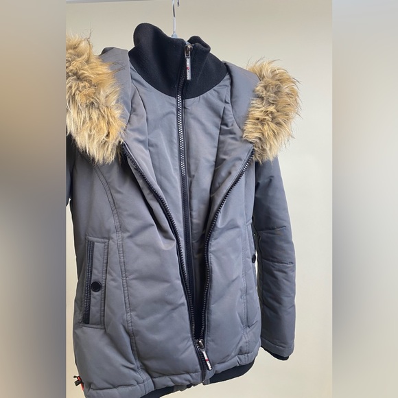 Point Zero High Neck Graphite Winter Jacket with Hooded Faux Fur Trim - Picture 10 of 14
